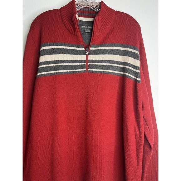 EDDIE Bauer Wool Blend Sweater 1/4 Zip up Large Red Stripes - Picture 2 of 9